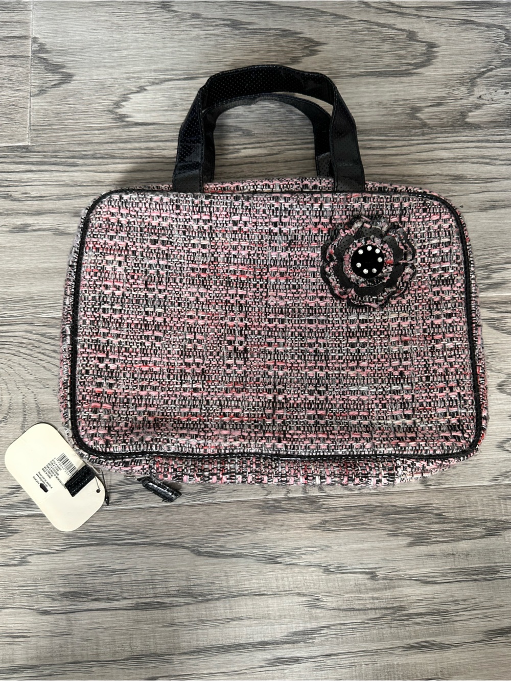 Pink Tweed Top-Handle Travel Case with Floral Accent